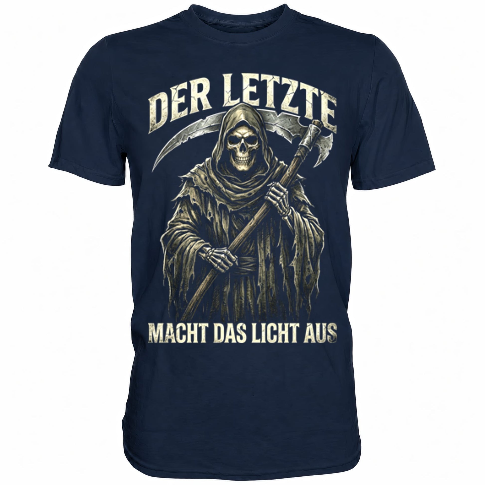 Blaues T-Shirt mit sarkastischem Spruch Der Letzte macht das Licht aus