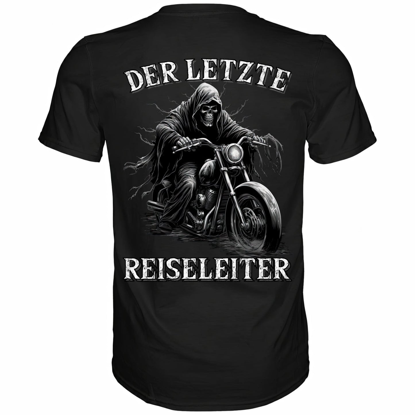 Rückansicht eines schwarzen Shirts mit dem Spruch Der letzte Reiseleiter