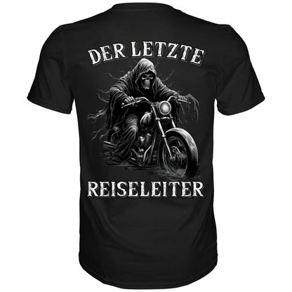 Rückansicht eines schwarzen Shirts mit dem Spruch Der letzte Reiseleiter