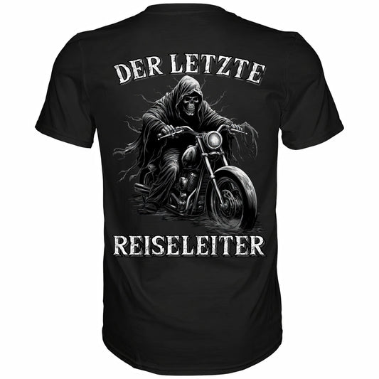 Rückansicht eines schwarzen Shirts mit dem Spruch Der letzte Reiseleiter