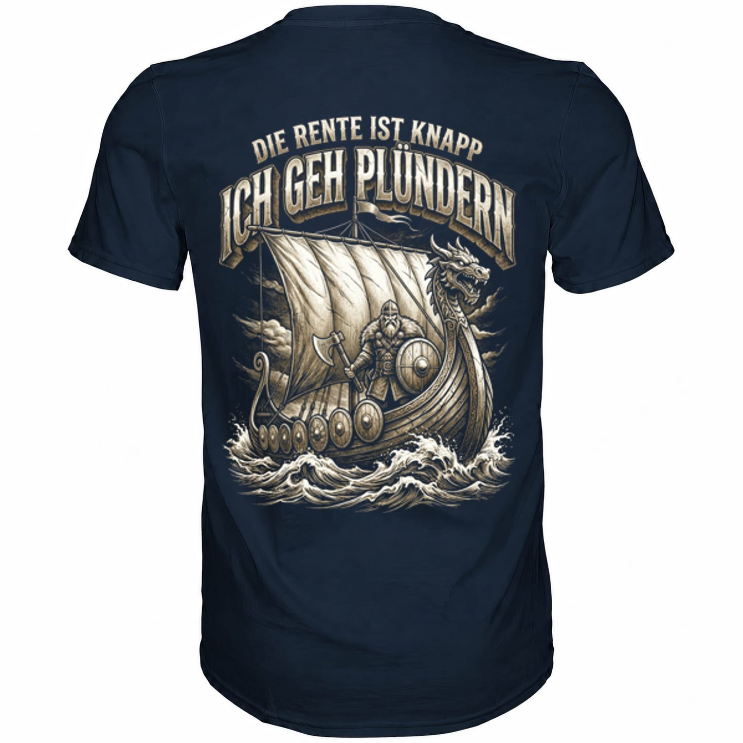 Blaues T-Shirt mit sarkastischem Spruch Die Rente ist knapp ich geh Plündern Rückansicht