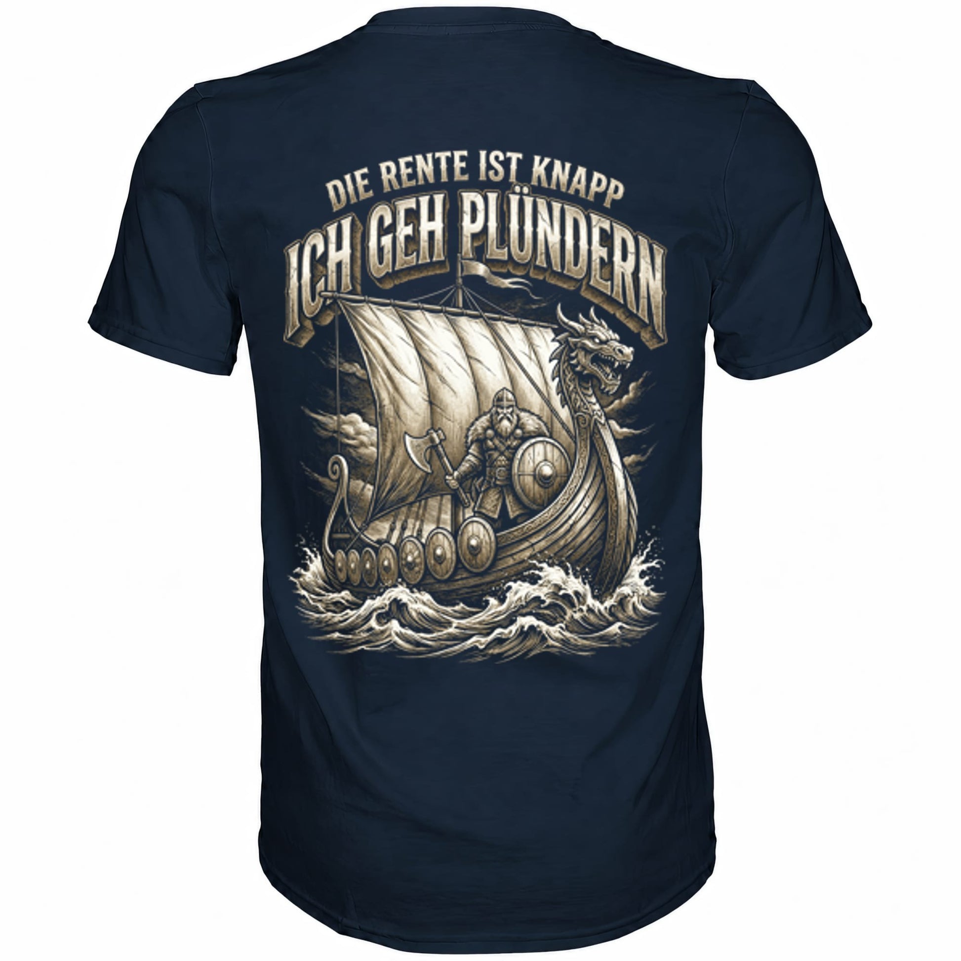 Blaues T-Shirt mit sarkastischem Spruch Die Rente ist knapp ich geh Plündern Rückansicht