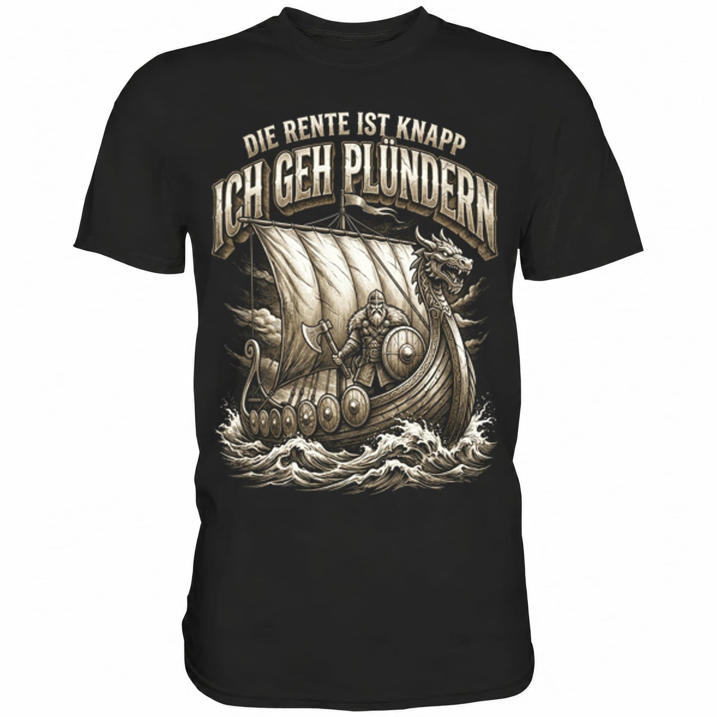 Schwarzes T-Shirt mit sarkastischem Spruch Die Rente ist knapp ich geh Plündern