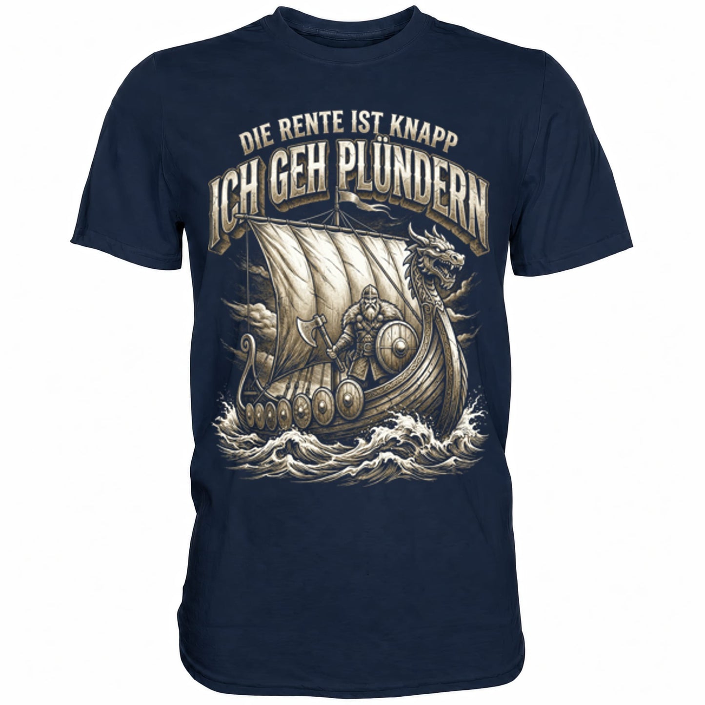 Blaues T-Shirt mit sarkastischem Spruch Die Rente ist knapp ich geh Plündern