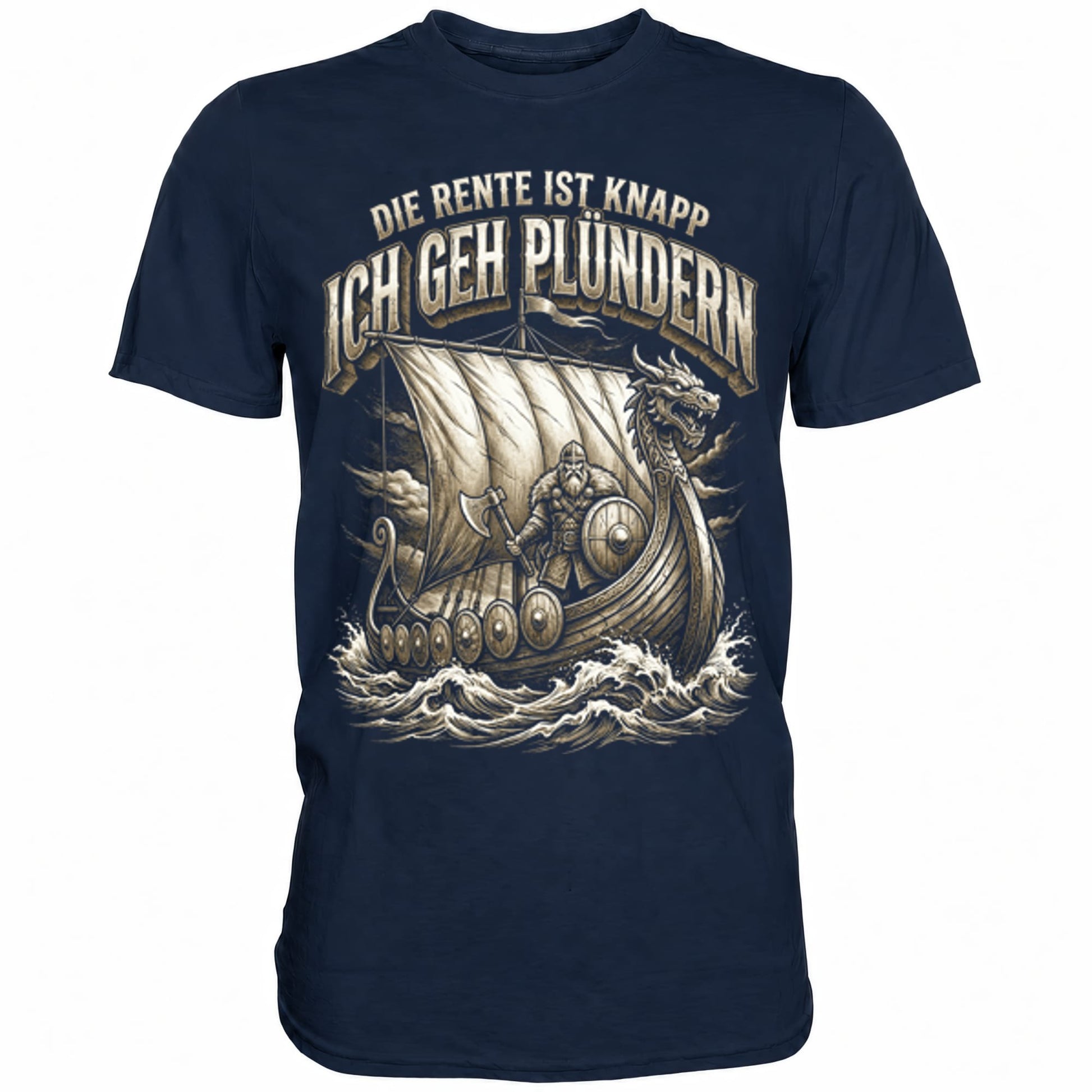 Blaues T-Shirt mit sarkastischem Spruch Die Rente ist knapp ich geh Plündern
