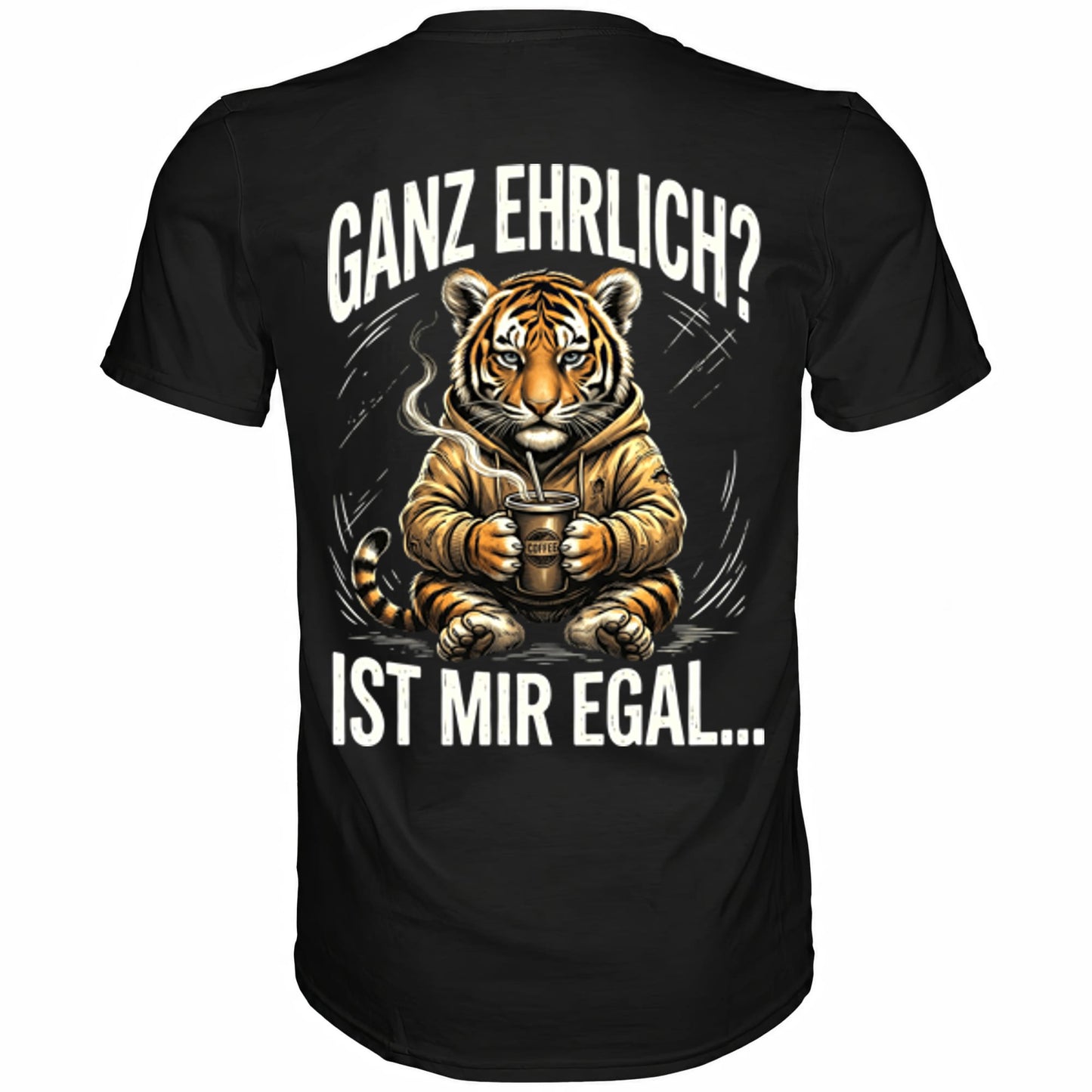 Schwarzes T-Shirt mit sarkastischem Spruch Ganz ehrlich? Ist mir egal Rückansicht