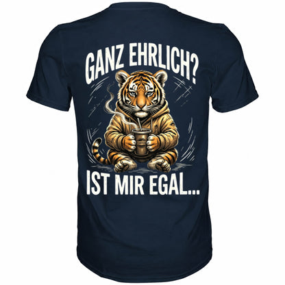 Blaues T-Shirt mit sarkastischem Spruch Ganz ehrlich? Ist mir egal Rückansicht