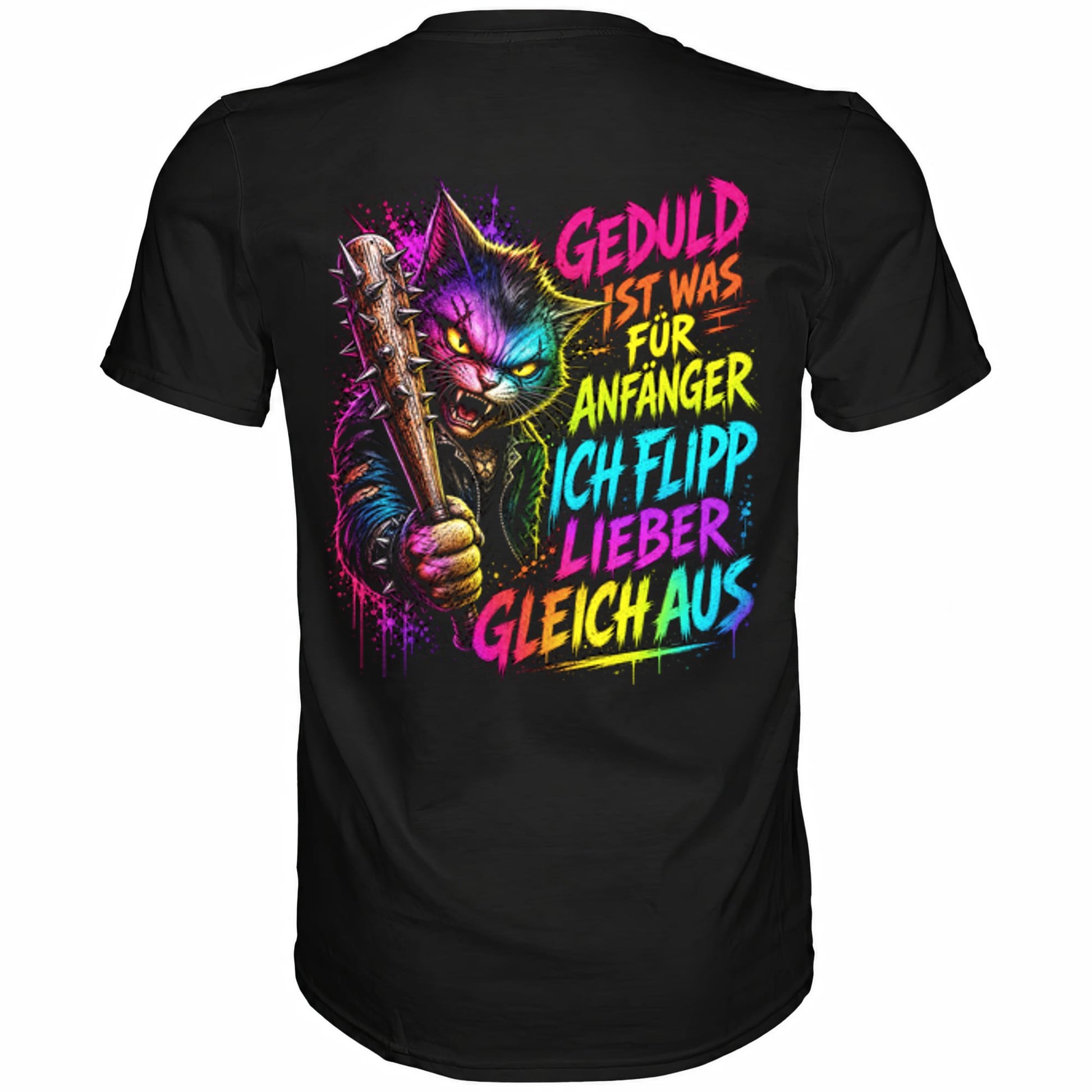 Schwarzes T-Shirt mit sarkastischem Spruch Geduld ist was für Anfänger Rückansicht