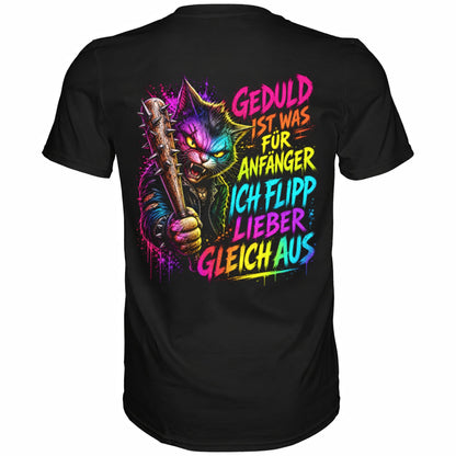 Schwarzes T-Shirt mit sarkastischem Spruch Geduld ist was für Anfänger Rückansicht