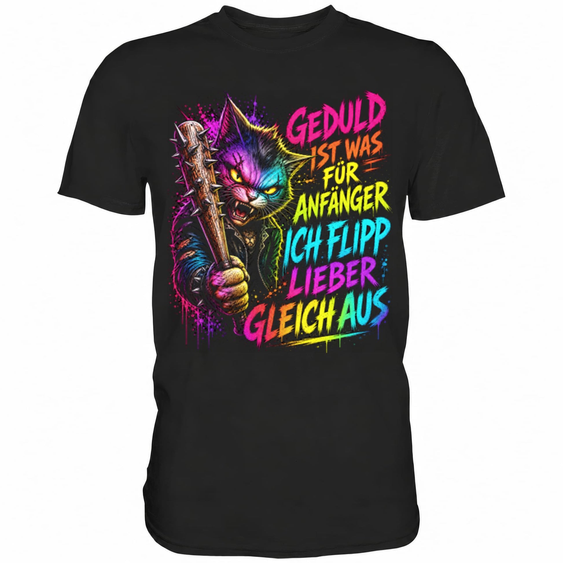Schwarzes T-Shirt mit sarkastischem Spruch Geduld ist was für Anfänger