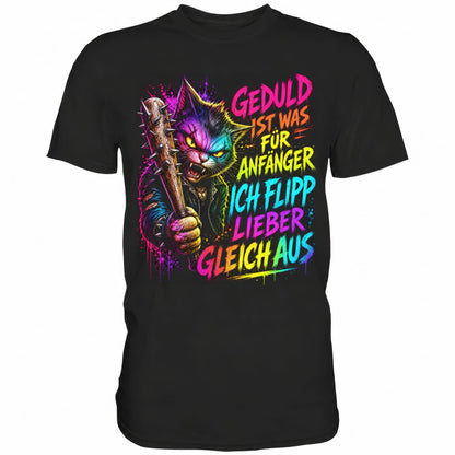 Schwarzes T-Shirt mit sarkastischem Spruch Geduld ist was für Anfänger