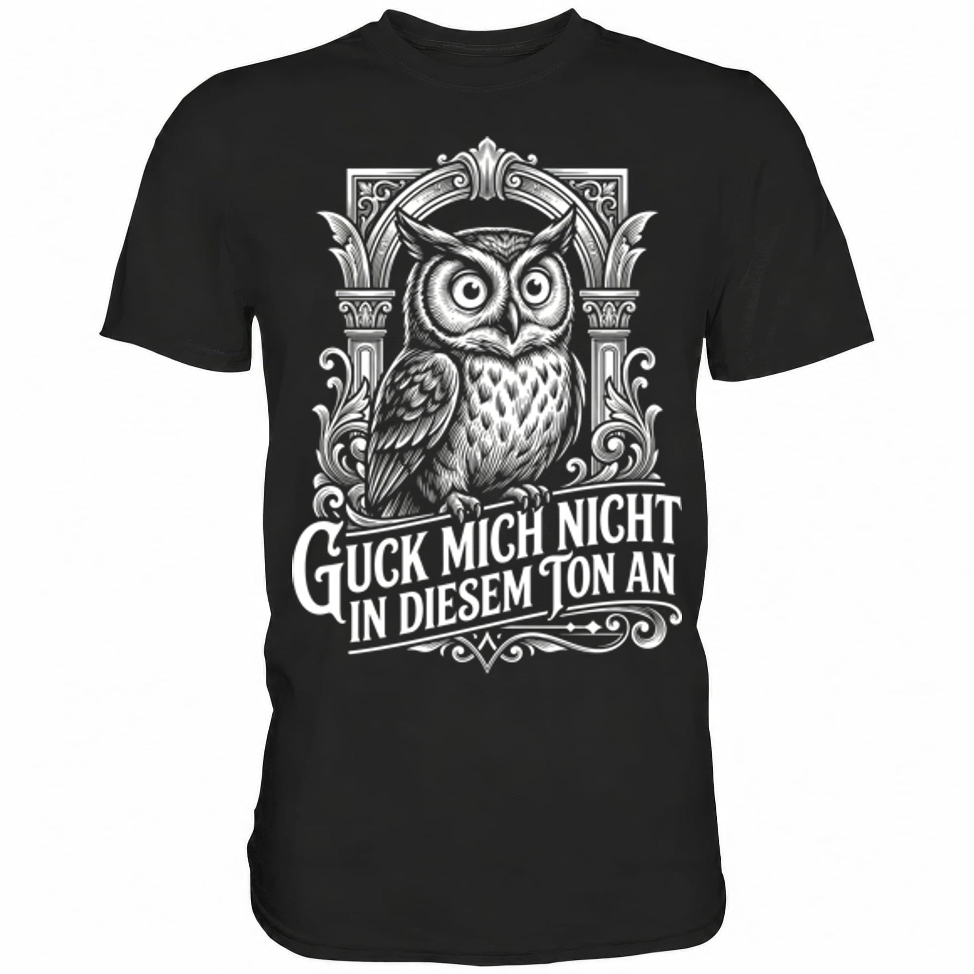 Schwarzes T-Shirt mit sarkastischem Spruch Guck mich nicht in diesem Ton an