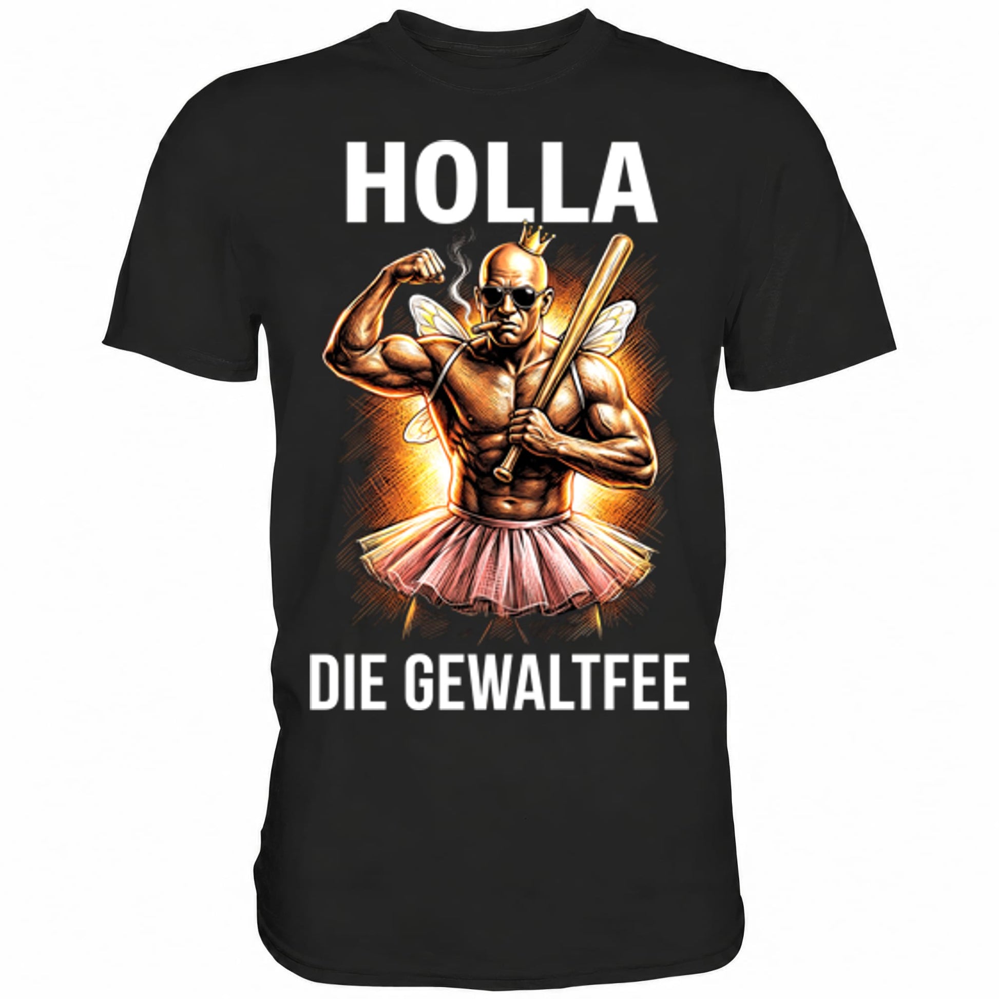 Schwarzes T-Shirt mit sarkastischem Spruch Holla, die Gewaltfee