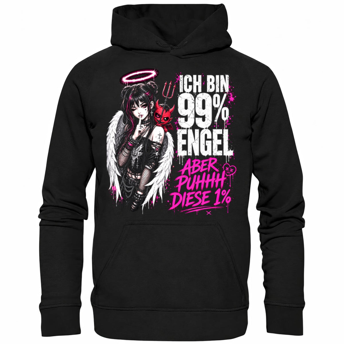 Schwarzer Hoodie mit sarkastischem Spruch Ich bin 99% Engel