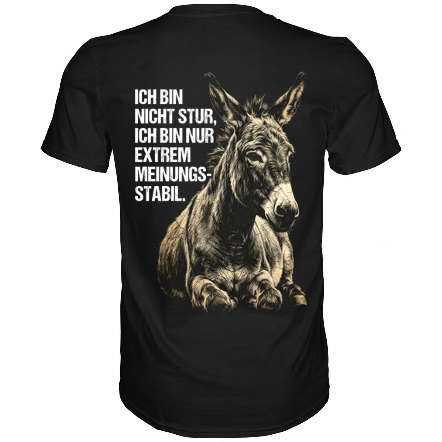 Schwarzes T-Shirt mit sarkastischem Spruch Ich bin nicht stur, nur extrem Meinungsstabil Rückansicht