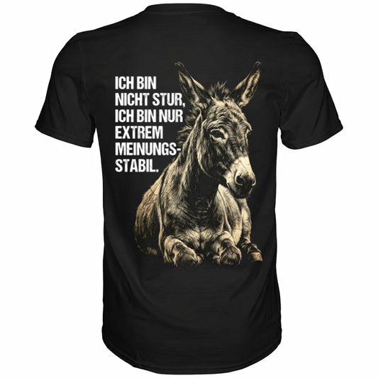 Schwarzes T-Shirt mit sarkastischem Spruch Ich bin nicht stur, nur extrem Meinungsstabil Rückansicht