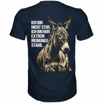 Blaues T-Shirt mit sarkastischem Spruch Ich bin nicht stur, nur extrem Meinungsstabil Rückansicht