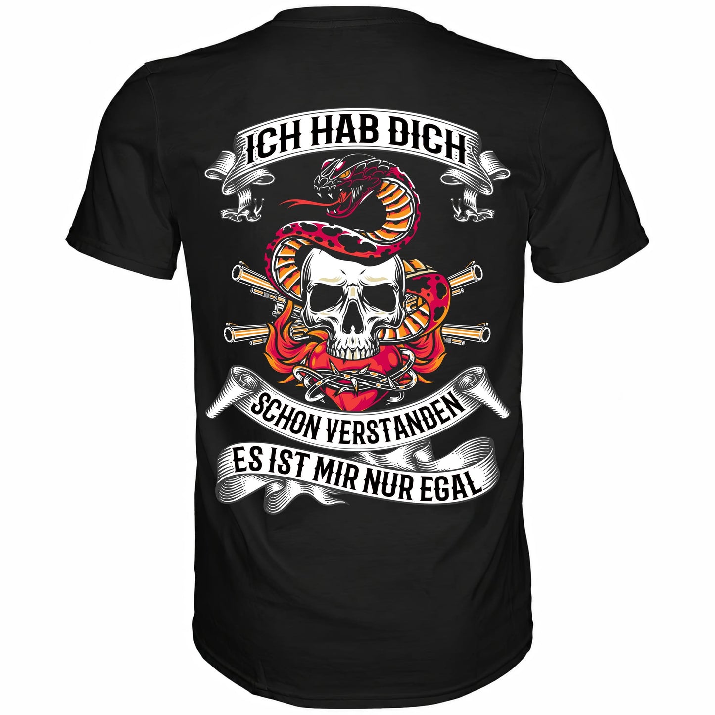 Rückansicht eines schwarzen Shirts mit dem Spruch Ich hab dich schon verstanden es ist mir nur egal