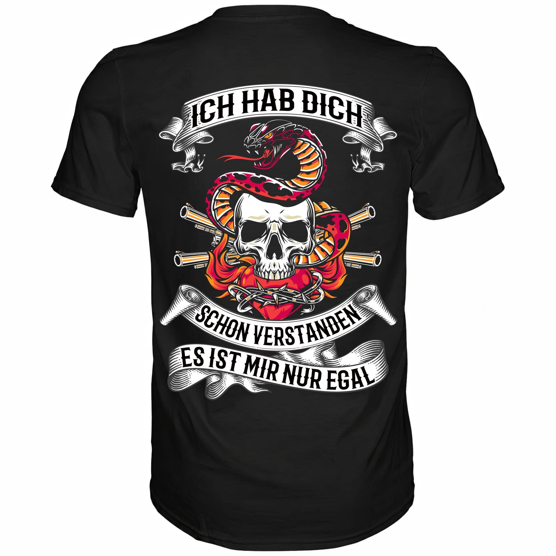 Rückansicht eines schwarzen Shirts mit dem Spruch Ich hab dich schon verstanden es ist mir nur egal