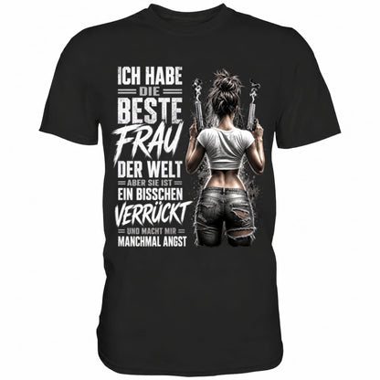 Schwarzes T-Shirt mit sarkastischem Spruch Ich habe die beste Frau der Welt