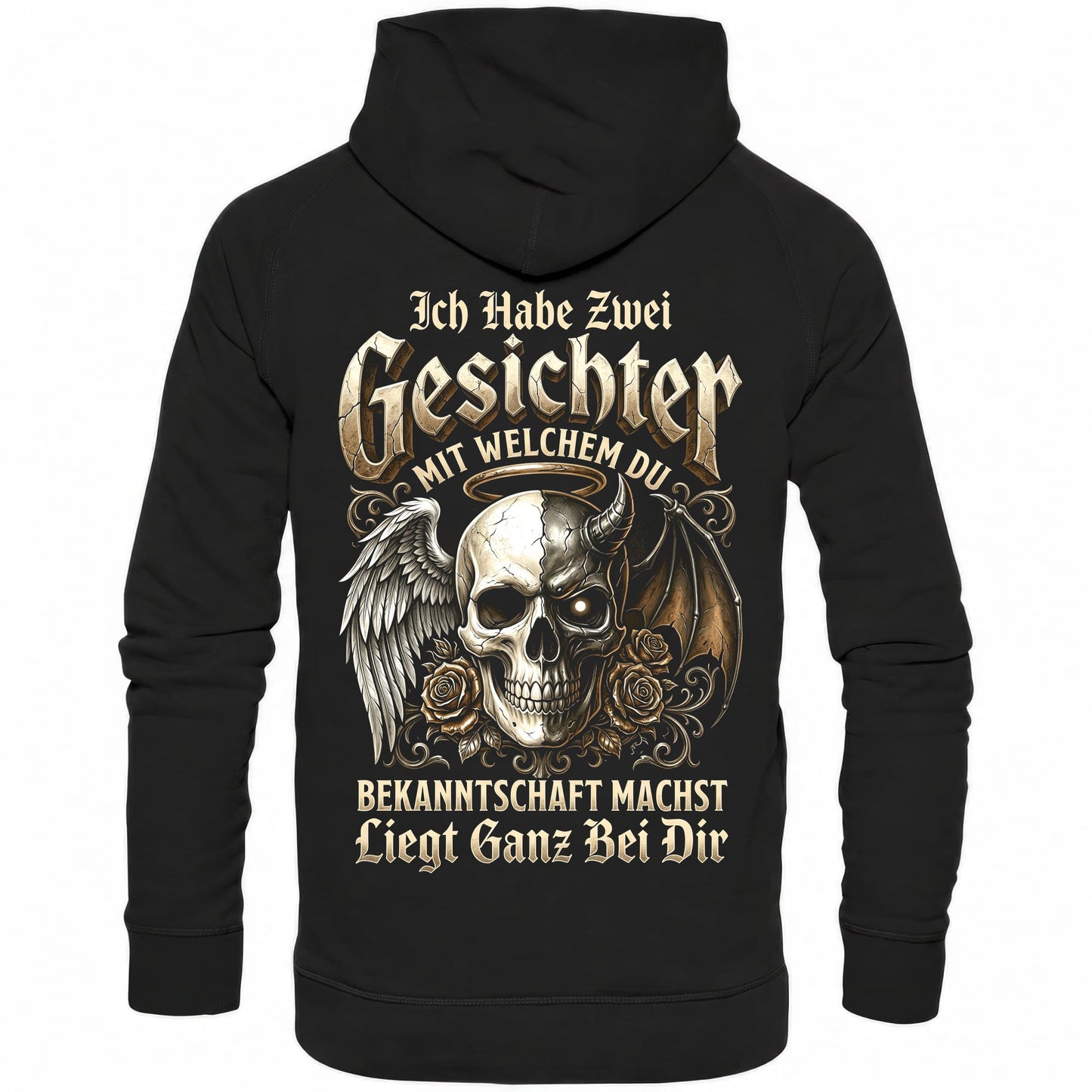 Schwarzer Hoodie mit sarkastischem Engel Teufel Totenkopf Spruch Rückansicht