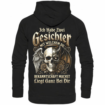 Schwarzer Hoodie mit sarkastischem Engel Teufel Totenkopf Spruch Rückansicht