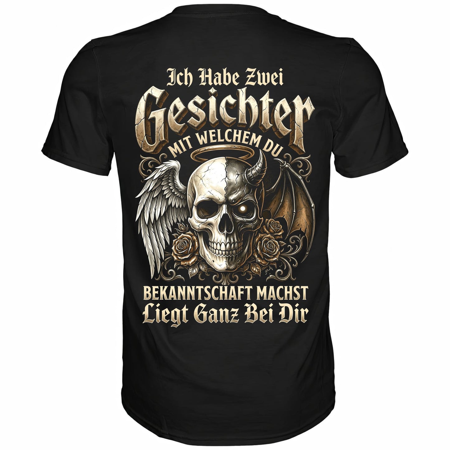 Schwarzes T-Shirt mit sarkastischem Engel Teufel Totenkopf Spruch Rückansicht
