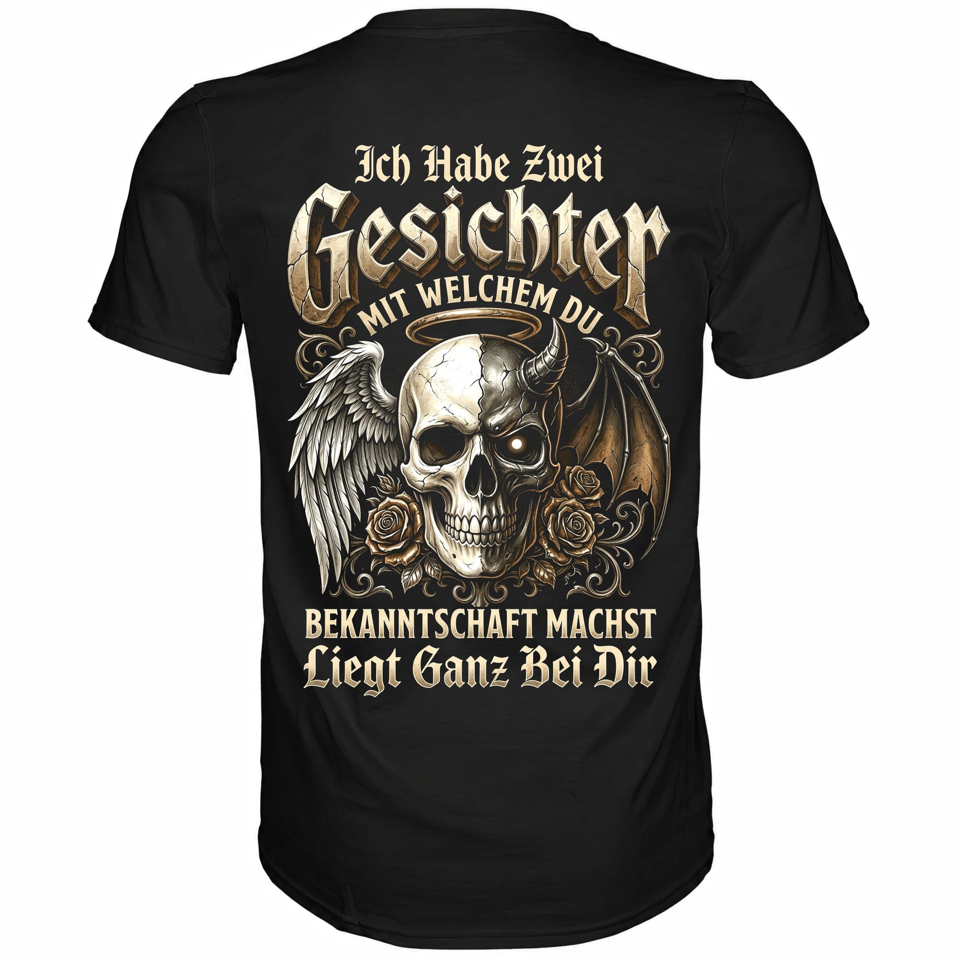 Schwarzes T-Shirt mit sarkastischem Engel Teufel Totenkopf Spruch Rückansicht