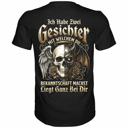 Schwarzes T-Shirt mit sarkastischem Engel Teufel Totenkopf Spruch Rückansicht
