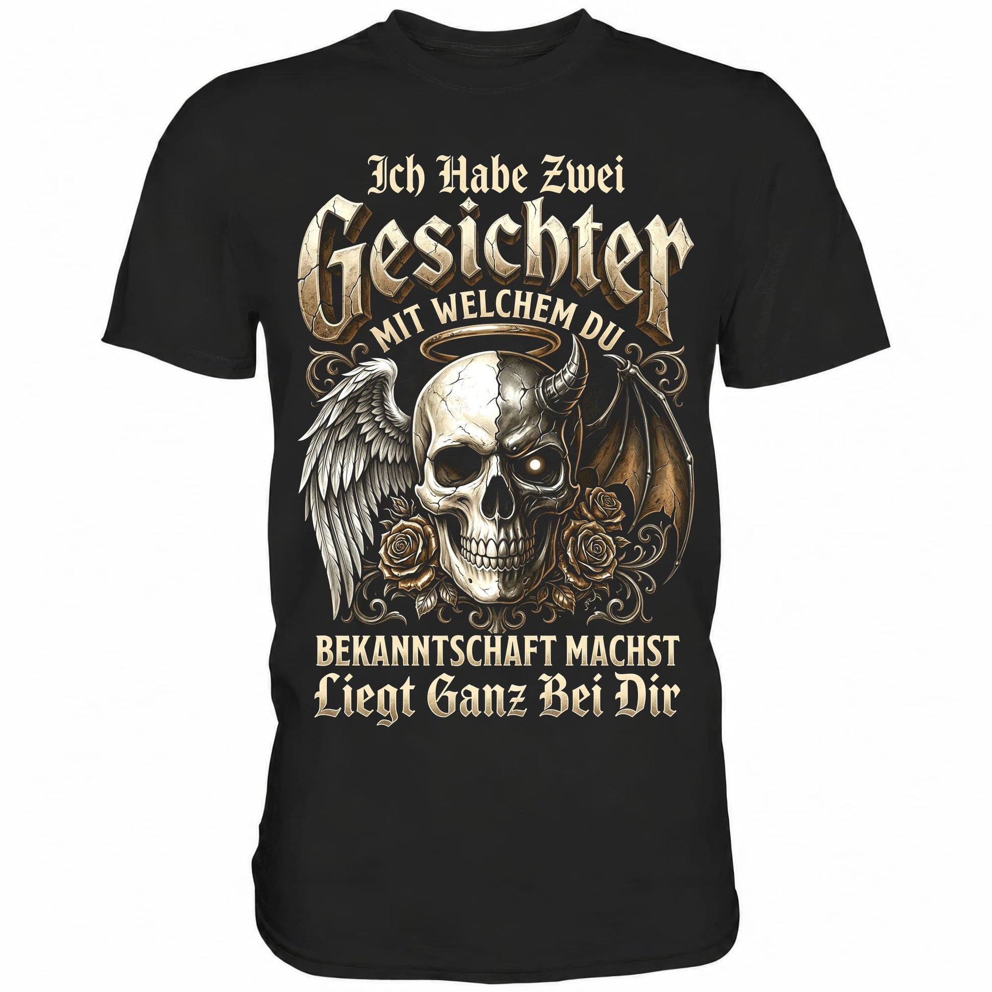 Schwarzes T-Shirt mit sarkastischem Engel Teufel Totenkopf Spruch