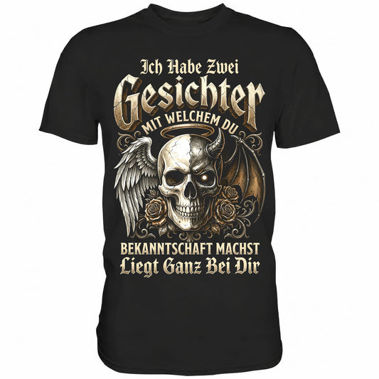 Schwarzes T-Shirt mit sarkastischem Engel Teufel Totenkopf Spruch