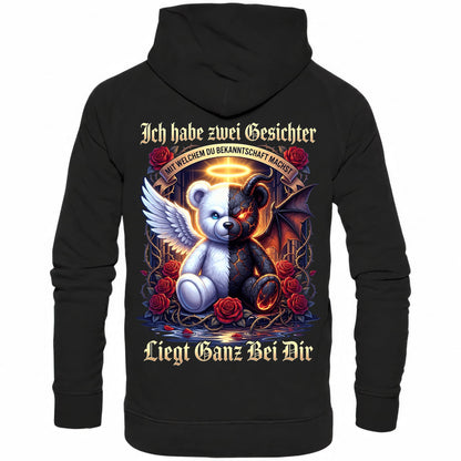 Schwarzer Hoodie mit sarkastischem Engel Teufel Teddybär Spruch Rückansicht