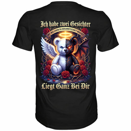 Schwarzes T-Shirt mit sarkastischem Engel Teufel Teddybär Spruch Rückansicht