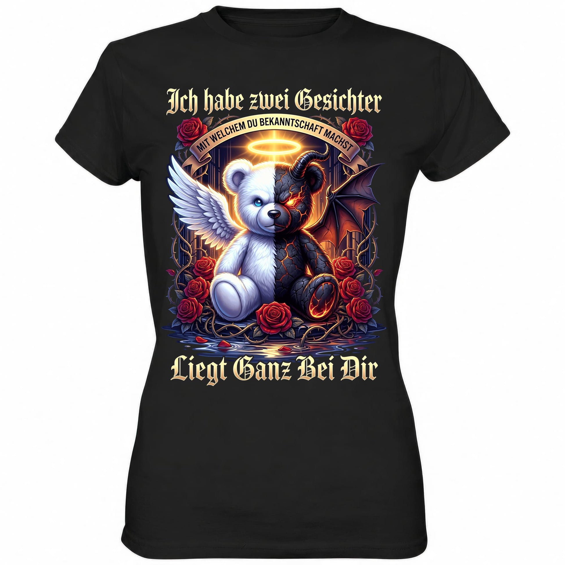 Schwarzes Ladies Shirt mit sarkastischem Engel Teufel Teddybär Spruch