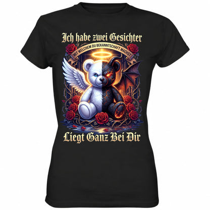 Schwarzes Ladies Shirt mit sarkastischem Engel Teufel Teddybär Spruch
