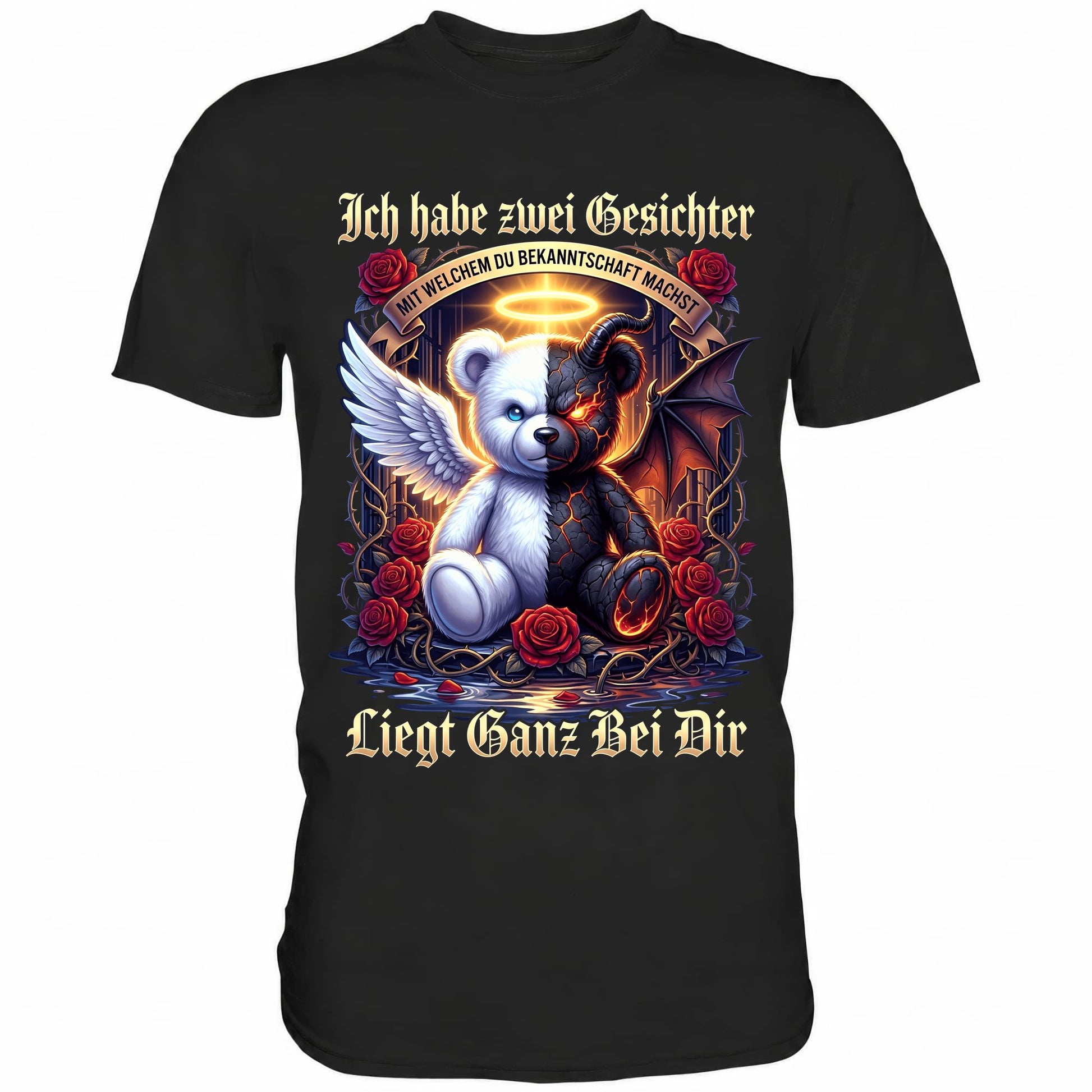 Schwarzes T-Shirt mit sarkastischem Engel Teufel Teddybär Spruch