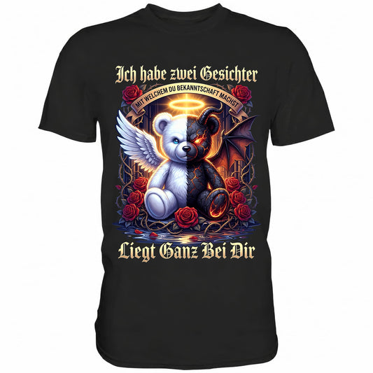Schwarzes T-Shirt mit sarkastischem Engel Teufel Teddybär Spruch