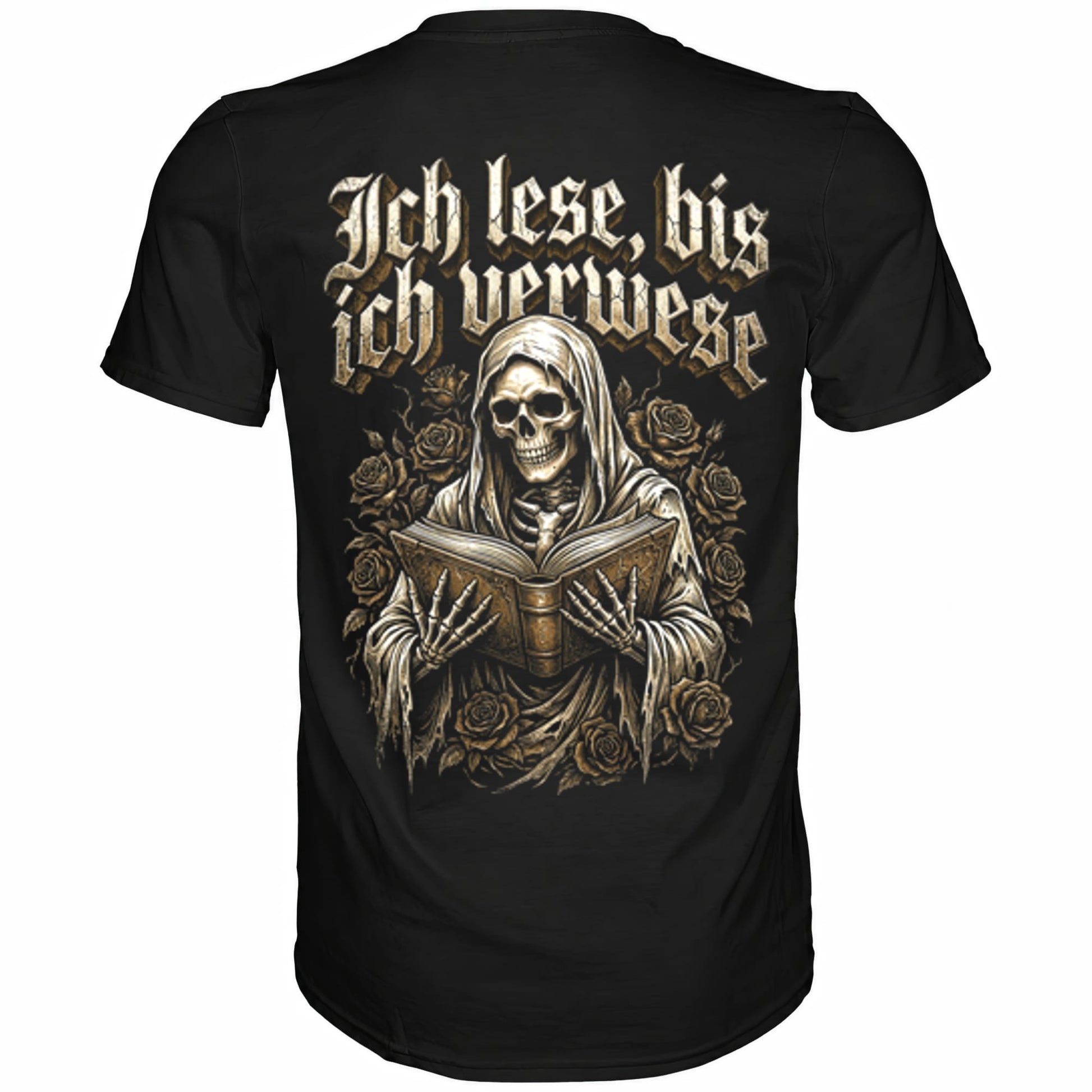 Schwarzes T-Shirt mit sarkastischem Spruch Ich lese, bis ich verwese Rückansicht