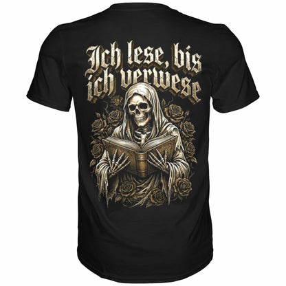 Schwarzes T-Shirt mit sarkastischem Spruch Ich lese, bis ich verwese Rückansicht