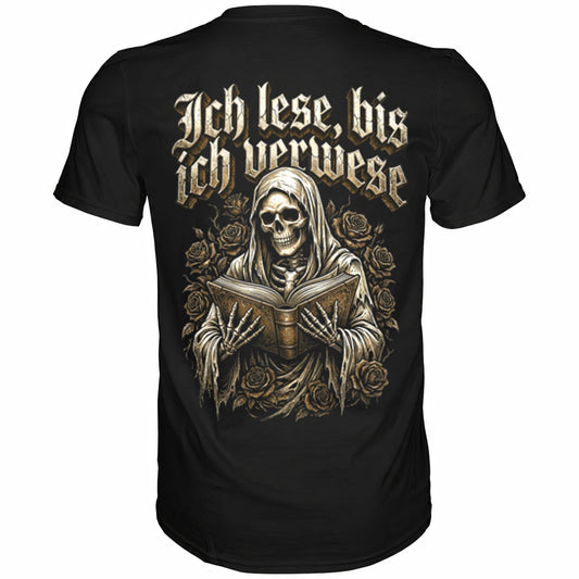 Schwarzes T-Shirt mit sarkastischem Spruch Ich lese, bis ich verwese Rückansicht