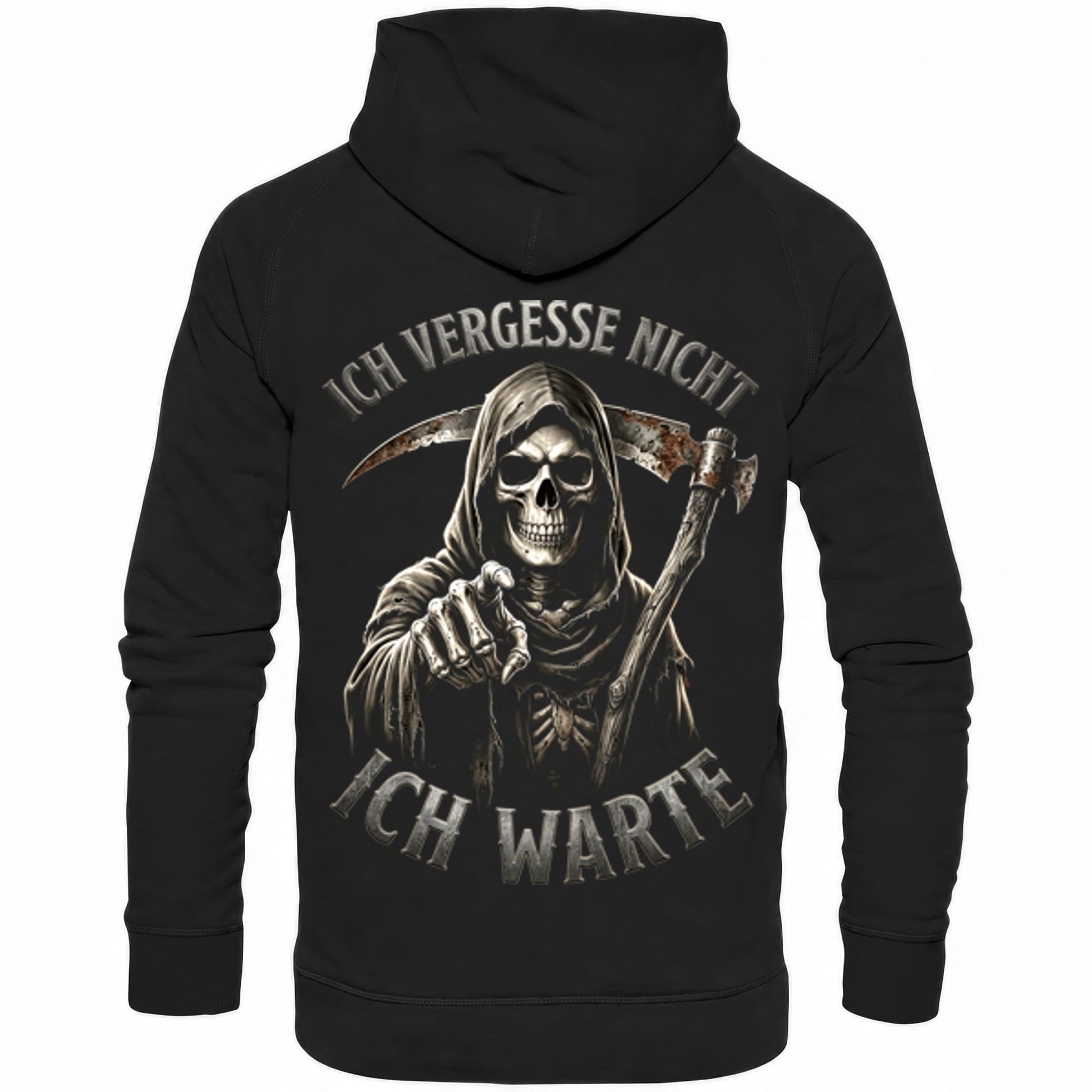 Schwarzer Hoodie mit sarkastischem Spruch Ich vergesse nicht ich warte Rückansicht