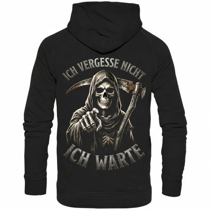 Schwarzer Hoodie mit sarkastischem Spruch Ich vergesse nicht ich warte Rückansicht