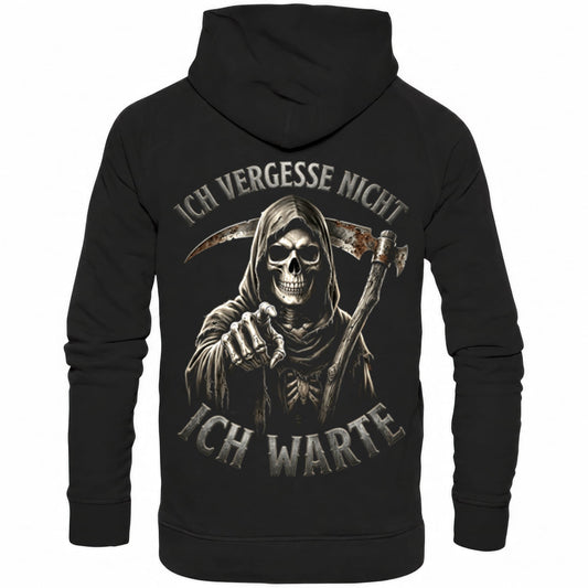 Schwarzer Hoodie mit sarkastischem Spruch Ich vergesse nicht ich warte Rückansicht
