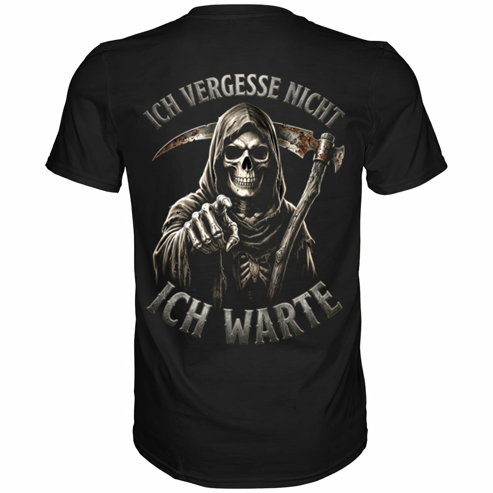 Schwarzes T-Shirt mit sarkastischem Spruch Ich vergesse nicht ich warte Rückansicht