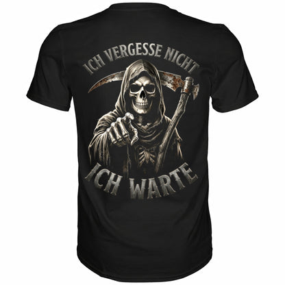 Schwarzes T-Shirt mit sarkastischem Spruch Ich vergesse nicht ich warte Rückansicht