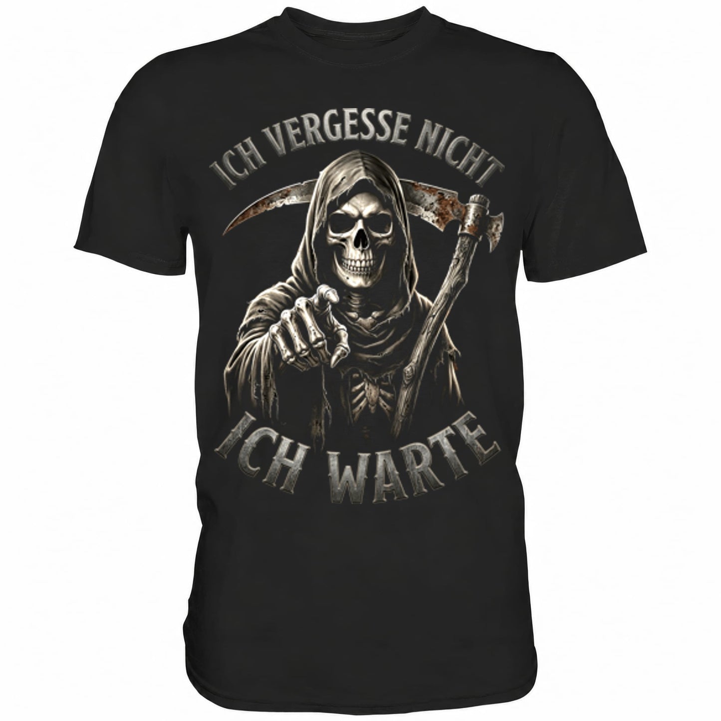 Schwarzes T-Shirt mit sarkastischem Spruch Ich vergesse nicht ich warte