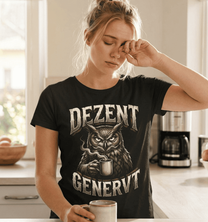 Schwarzes Ladies-Shirt mit humorvollem Eulen-Motiv und Spruch DEZENT GENERVT