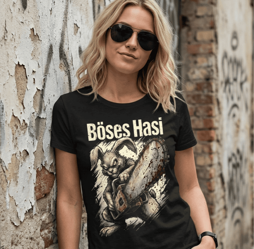 Schwarzes Damen-T-Shirt mit Spruch Böses Hasi und Kettensägen-Motiv