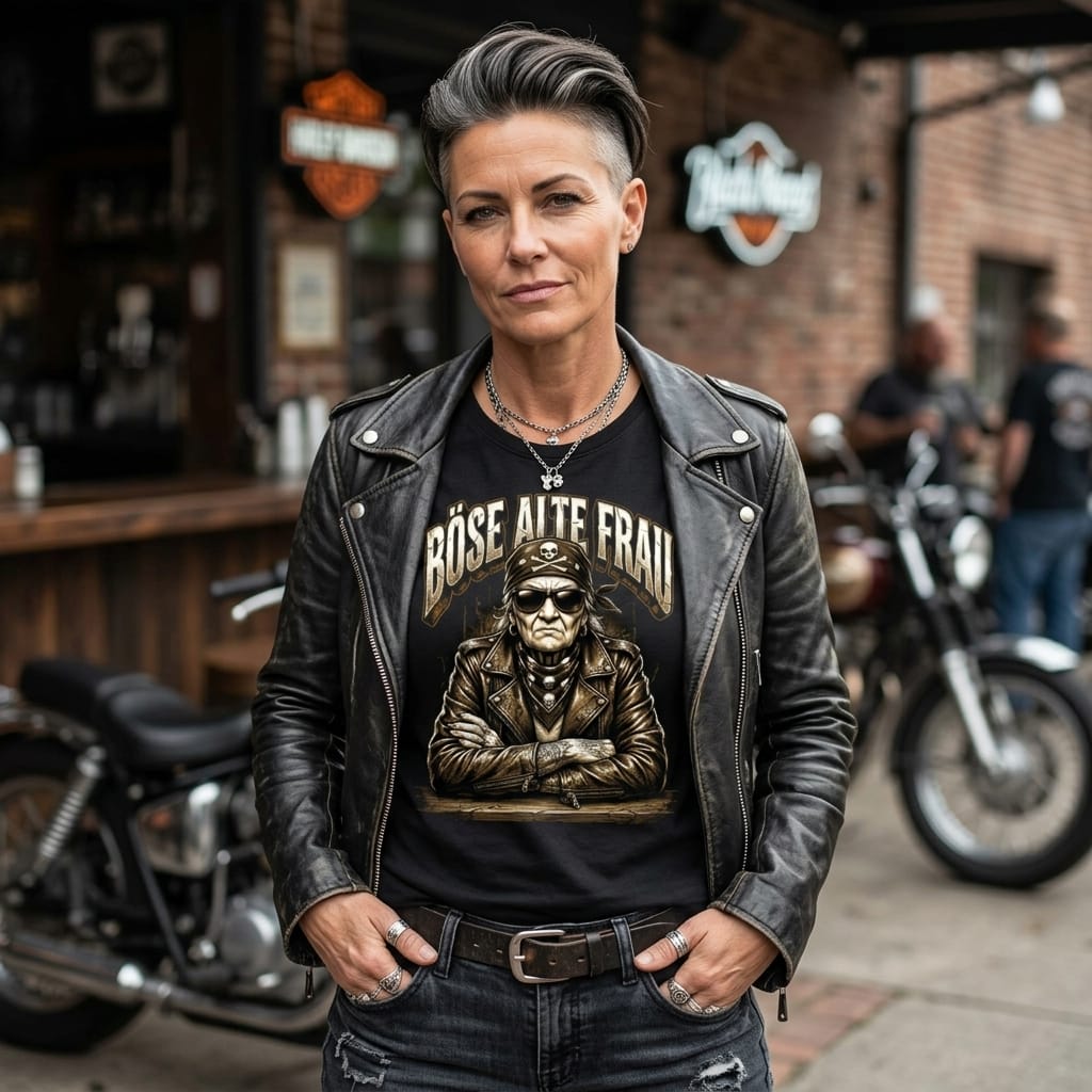Frau trägt schwarzes T-Shirt mit Aufdruck BÖSE ALTE FRAU und Biker-Motiv