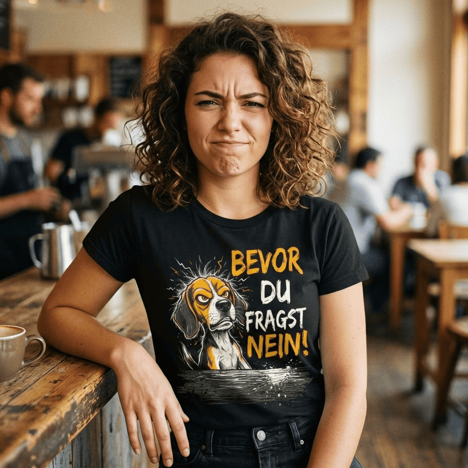 Frau trägt schwarzes T-Shirt mit mürrischem Hund und Spruch Bevor du fragst nein!